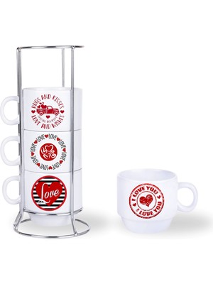 Deep Craft DeepCraft Stantlı 4'lü Fincan Seti Çıkmaz Baskılı Love&Love Desenli
