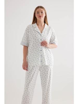 Kadın Plus Size Pamuklu Gömlek Yaka Pijama Üstü