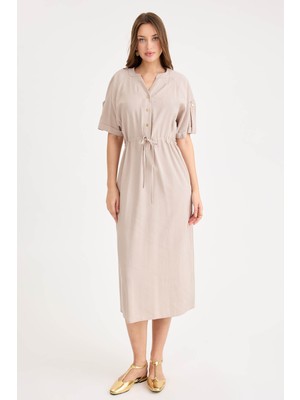 Beli Bağlamalı Cepli Kol Apoletli Uzun Modal Elbise