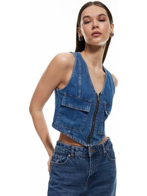 Koton Fermuarlı Cepli V Yaka Pamuklu Kolsuz Denim Yelek