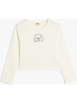 Koton Tişört Uzun Kollu Kedi Baskılı Bisiklet Yaka Pamuklu