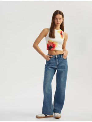 Koton Çiçek Baskılı Kolsuz Bisiklet Yaka Slim Fit Üst