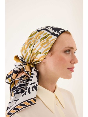 Göl Kenarı Somon-Sarı Çift Taraflı Tivil Ipek Eşarp  90X90