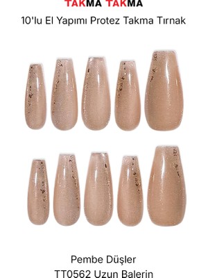 Takma Takma 10'lu Ten Rengi Uzun Balerin TT0562 Tekrar Kullanılabilir El Yapımı Protez Takma Tırnak - Ten Rengi-XS