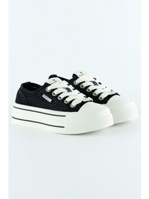 Siyah Beyaz Yüksek Taban Spor Fileli Taşlı Bağcıklı Platform Sneaker