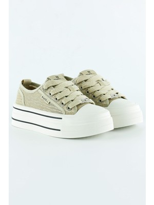 Bej Yüksek Taban Spor Fileli Taşlı Bağcıklı Platform Sneaker