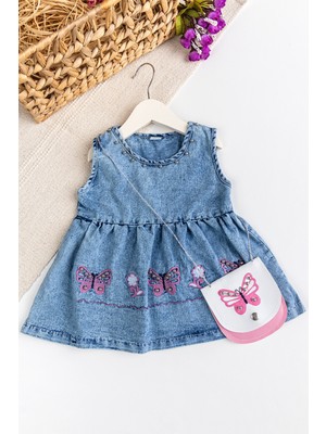 Kelebek Işlemeli Boncuklu Çanta Hediyeli Kız Bebek Kot Elbise Jean Jile