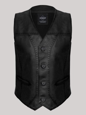 Deri Work Kuzu Derisi Işlemeli Düğmeli Erkek Yelek Siyah