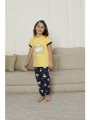 Kapip Sarı Kuğu Baskılı Kısa Kollu Kız Çocuk Pijama Takımı 11-15 Yaş 8052-S