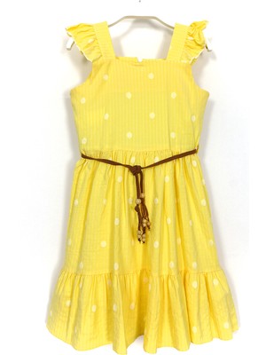 DobaKids Fırfırlı Askılı Kollu Puantiyeli Kız Çocuk Sarı Renk Elbise 001-0002031