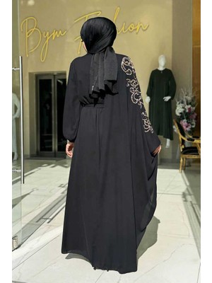 Taş Detay Pelerinli Elbise Takım 3939 Siyah