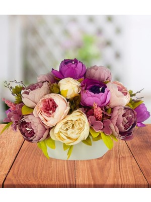 Yapay Çiçek Aranjmanı Gondol Vazoda Mor Pudra Pembe Tonlarında Marsilya Gülü Şakayık Çiçekleri