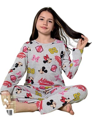 Kız Çocuk Pamuklu Mevsimlik Gri Renk Uzun Kollu Pijama Takımı