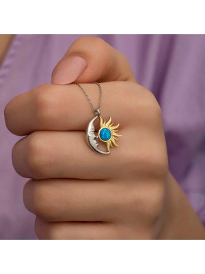 925 Ayar Gümüş Opal Mavi Taşlı Ay Güneş Kadın Kolye