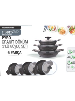 THERMOAD Granit Döküm Güveç 3 Lü Sahan Set Kapaklı 20 cm Gri Renkli Çelik Malzeme