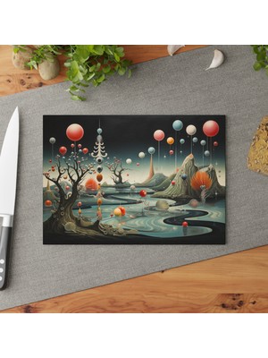 Painted Anarchy Sakin Peyzaj Temperli Cam Kesme Tahtası - Şık Tasarım, Kaymaz Yüzey, Çizilmez  -