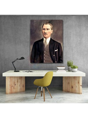 Renklendirilmiş Atatürk Kanvas Tablo Modeli Dikey Duvar Tablosu Ofis Ev Dekoru