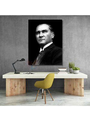 Siyah Beyaz Atatürk Görseli Kanvas Tablo Modeli Ev Ofis Hediyesi Duvar Dekoru