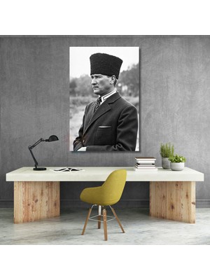 Siyah Beyaz Görsel Kemal Atatürk Kanvas Tablo Modeli Dikey Duvar Tablosu Ofis Ev Dekoru