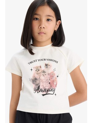 DeFacto Fitted Bisiklet Yaka Baskılı Kısa Kollu Tişört Kız Çocuk E1825A825SM