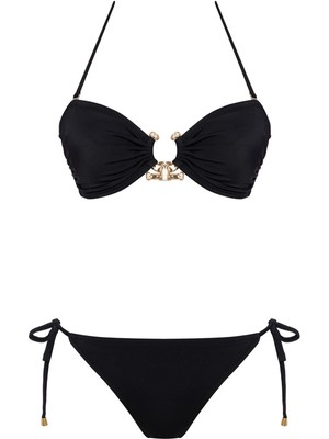 Sailor Moda Straplez Aksesuar Detaylı Siyah Brezilya Bikini Takımı Kadınlar İçin Özel Tasarım