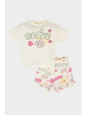 DeFacto Kız Bebek 2'li Takım Baskılı Kısa Kollu Tişört Beli Lastikli Desenli Şort E6441A525SM