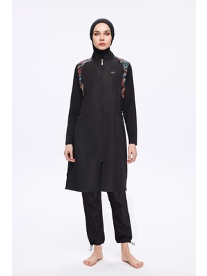 Nehar Omuz Bölgesi Desenli Siyah 3 Parça Dokuma Tam Tesettür Mayo Takımı 2274