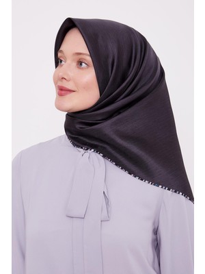 Antrasit Çizgili Twill Ipek Eşarp