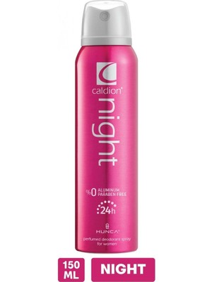 Caldion Night Kadın Sprey Deodorant 150 ml – Sandal Ağacı ve Siyah Frenk Üzümü Aromalı, Pudrasız, Alüminyum ve Paraben İçermeyen