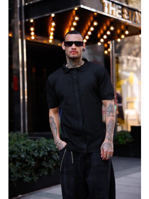 Pobudo Lacivert Renk Detaylı Kısa Kol Triko Gömlek