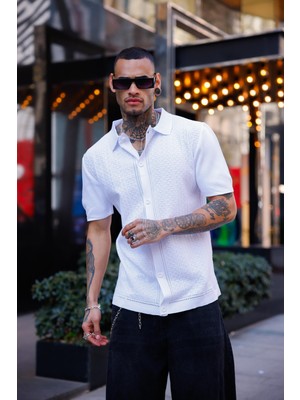 Pobudo Lacivert Renk Detaylı Kısa Kol Triko Gömlek