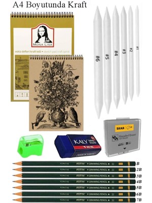 Artlantis A4 Kraft Eskiz Defteri Spiralli 50 Yaprak Karakalem Çizim Seti Gölgelendirme Kalemi Hamur Silgi Fatih Dereceli Kalem Hob