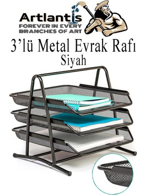 Artlantis Metal Evrak Rafı 3 Lü 1 Paket Masa Üstü A4 Dosya Düzenleyici Kağıt Tepsisi Fileli Üç Katlı Hareketli