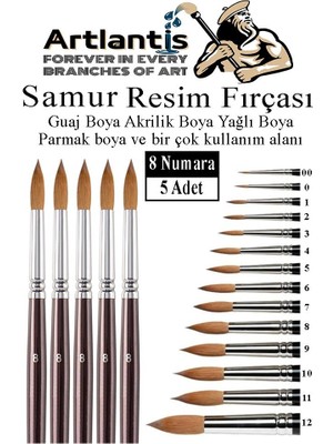 Artlantis Resim Fırçası 8 Numara 5 Li 1 Paket Samur Yuvarlak Uçlu Fırça Seti Guaj Sulu Akrilik Yağlı Boya Fırçaları
