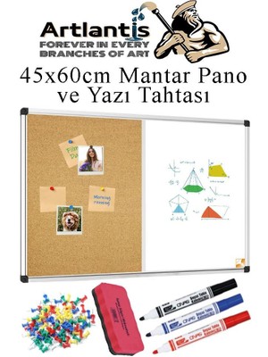 Artlantis Çift Fonksiyonlu Yazı Tahtası ve Mantar Pano 45X60 cm 1 Adet Alüminyum Çerçeveli Yazı Tahta Kalemi ve Silgisi Harita Çivisi