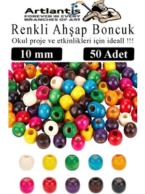 Artlantis Renkli Ahşap Boncuk 10 mm 50 Adet Renkli Tahta Boncuk El Işi Okul Öncesi Kreş Anasınıfı Proje Tasarım Ödev Elişi