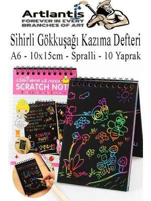 Artlantis Sihirli Gökkuşağı Kazıma Defteri A6 10X15 cm 1 Paket 10 Sayfa Scratch Note Spralli Siyah Sihirli Resim Defteri