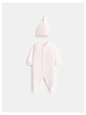 Pierre Cardin %100 Pamuk Organik Pembe Şapkalı Bebek Tulumu Uzun Kol Düz Kesim Regular