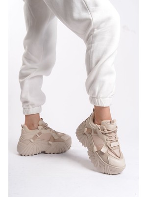 Limeo Krem Cilt Bağcıklı Yüksek Taban Günlük Kadın Sneaker Spor Ayakkabı