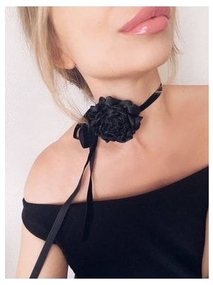 Kumaş Choker Çiçek Kolye Gül Kolye Tasma Bağlamalı Çiçek Kolye