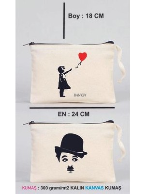 1 Adet Banksy ve 1 Adet Chaplin Baskılı Kanvas Kumaş Clutch Makyaj Çantası