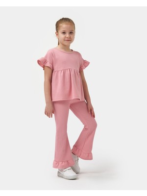 Minipodyum Kolları ve Paçası Büzgülü Kız Çocuk Yazlık Waffle Ikili Takım