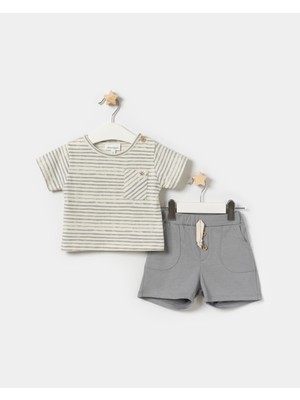 Minipodyum Kız Çocuk Yazlık İkili Takım Çizgili T-Shirt ve Cepli Şort ile 6-24 Ay