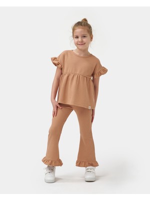 Minipodyum Kolları ve Paçası Büzgülü Kız Çocuk Yazlık Waffle Ikili Takım