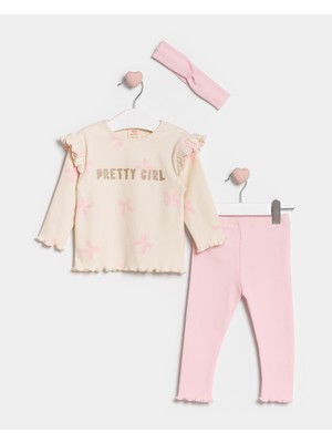 Minipodyum Kız Bebek  Bandanalı Taytlı 3 Parça Alt Üst Takım