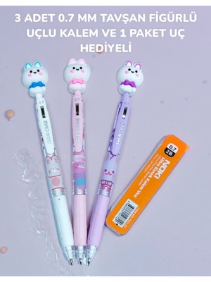 3 Adet 0.7 mm Tavşan Figürlü Uçlu Kalem ve 1 Paket Uç Hediyeli