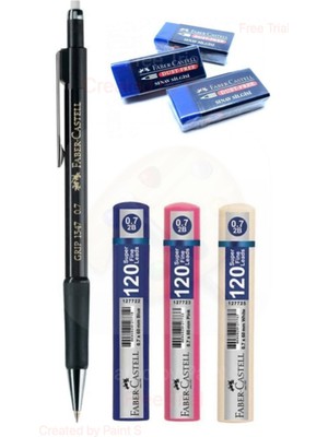 Faber-Castell 0.7 mm Siyah Versatil Kalem Metal Gövde ile 120'LI Uç ve 3 Adet Mavi Silgi