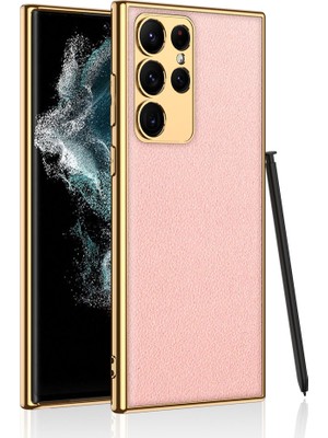 Galaxy S23 Ultra Kılıf Deri Görünümlü Kenarları Elektroplating Kaplama Zore Fizyon KAPAK-PEMBE-86804