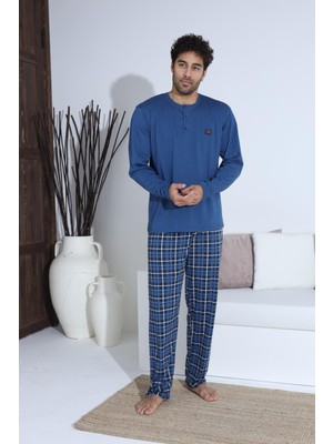 Erkek 70033 Uzun Kol Yaka Düğmeli Pijama Takımı Saks Mavi