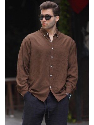 Madmext Camel Uzun Kollu Oversize Erkek Gömlek Regular Fit Günlük Stil Düz Renk